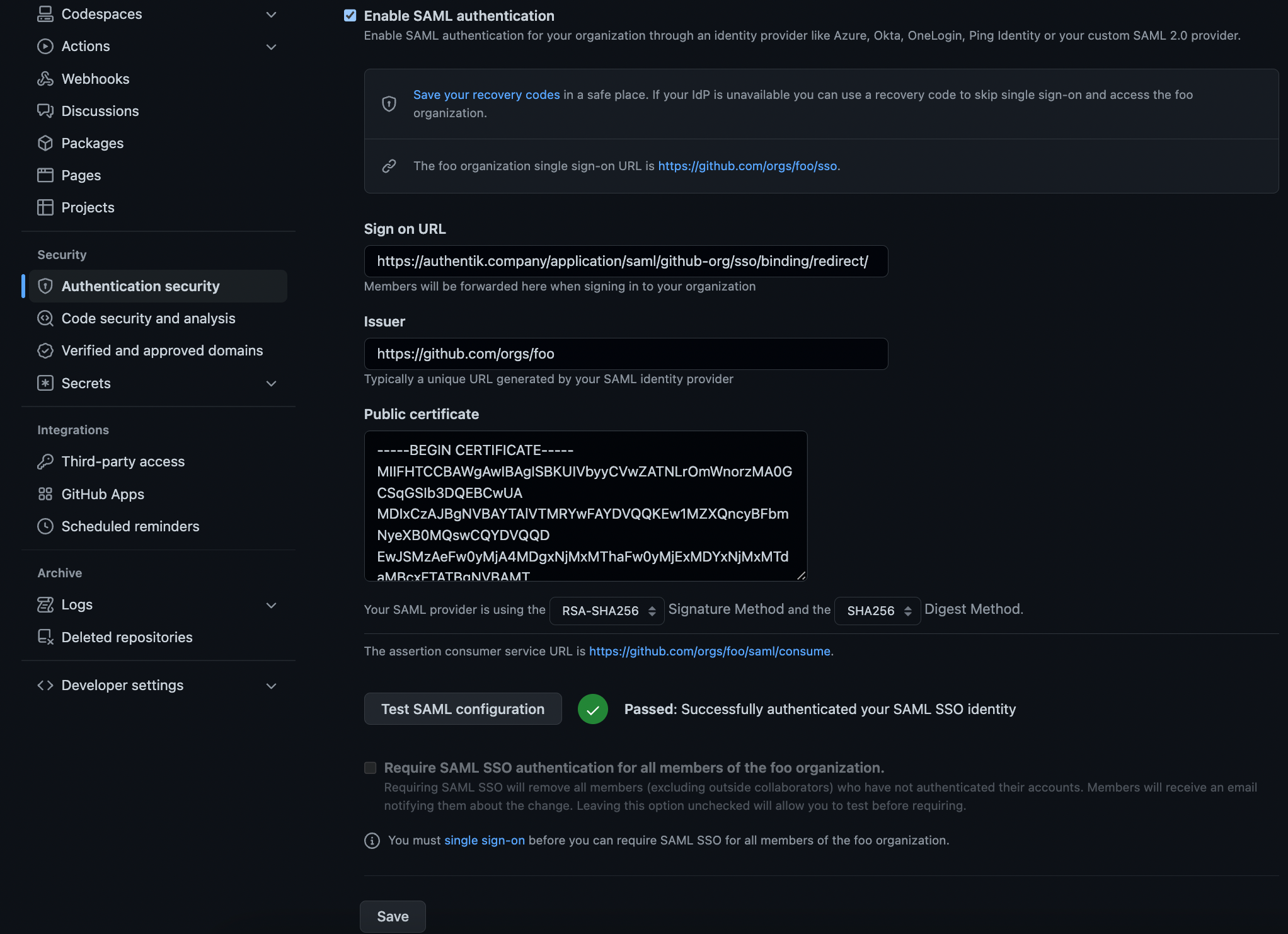 Screenshot showing populated GitHub organization SAML settings